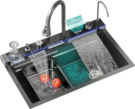 مجلي استيل اسود مقاس 75*46 PU7546-4SB مع خلاط وشلال وديسبنسر وشاشة